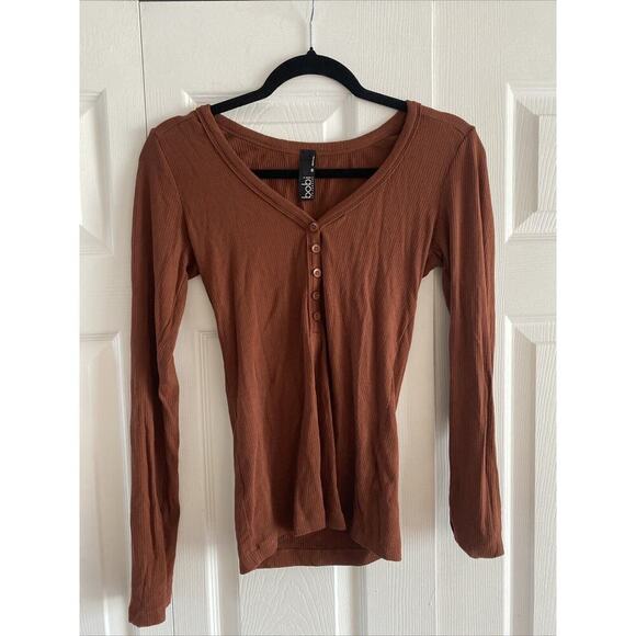 Bobi Los Angelas Copper Rust Brown Ribbed Long Sleeve XS Henley Top Festival‎ - Picture 1 of 6